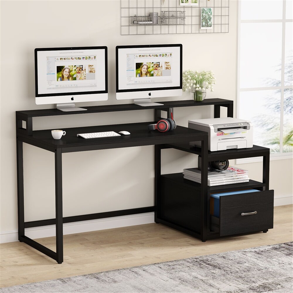 59 Inches Computer Desk with File Drawer and Storage Shelves