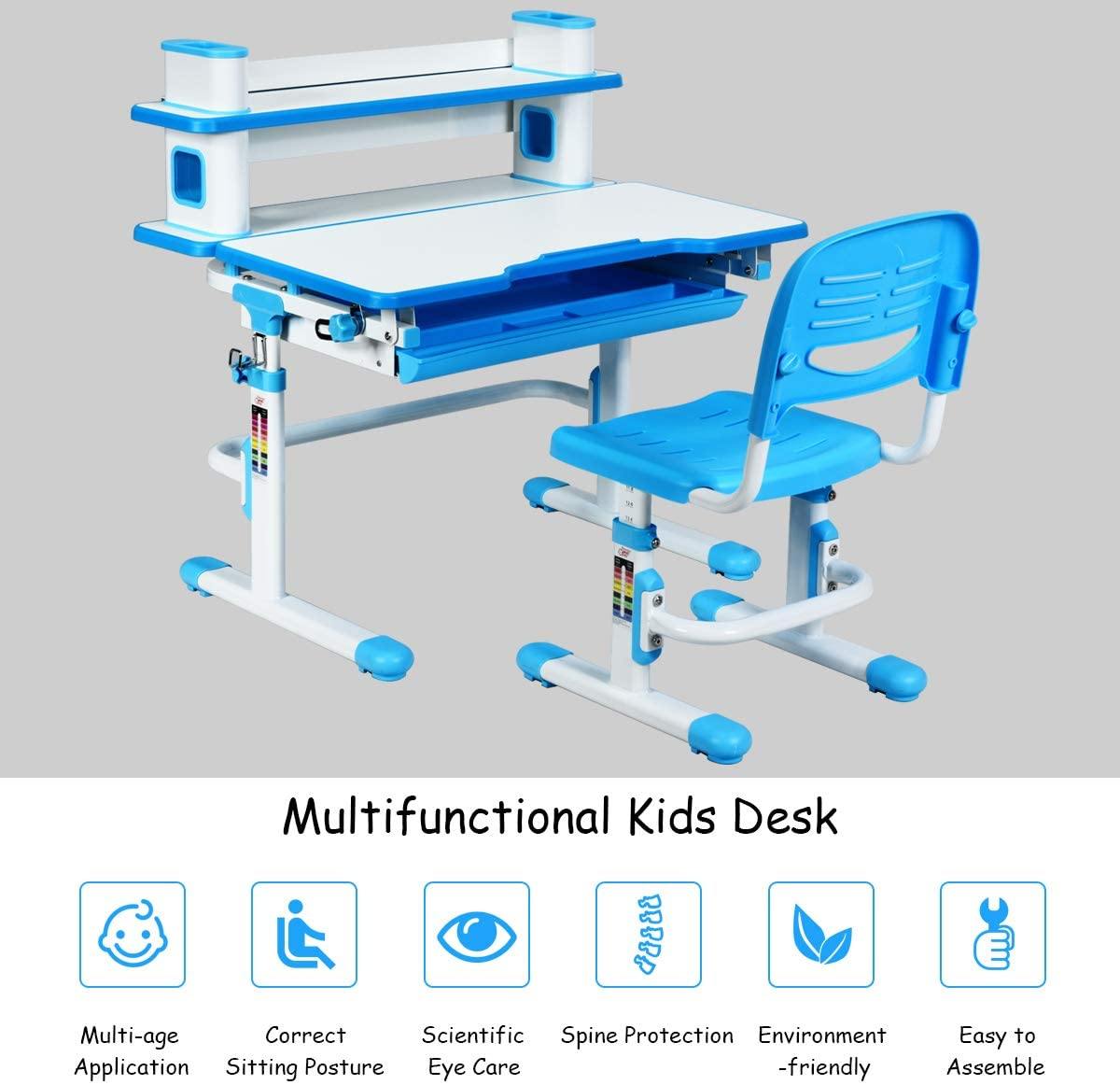 Baby Joy Kids Desk and Chair Set, Height Adjustable, Student Study Table with Storage Drawer