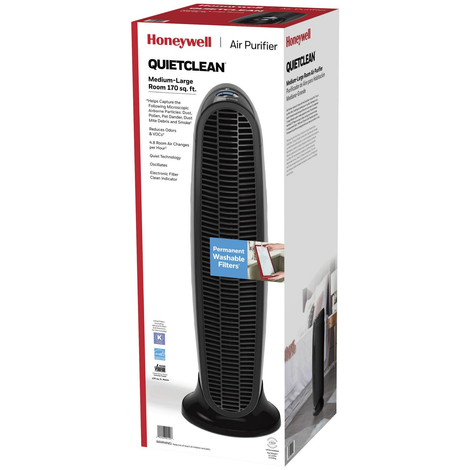 Honeywell QuietcleanA Air Purifier， Medium- Large Rooms (170 sq.ft)， HFD140， Black