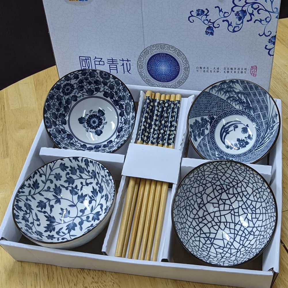 Oriental Mixed Floral 4pcs Bowl Set with Chopsticks for Rice Soup Snack Cereal Glossy Ceramic Dishwasher Safe Porcelain Bowls in Gift Box - Flower Design