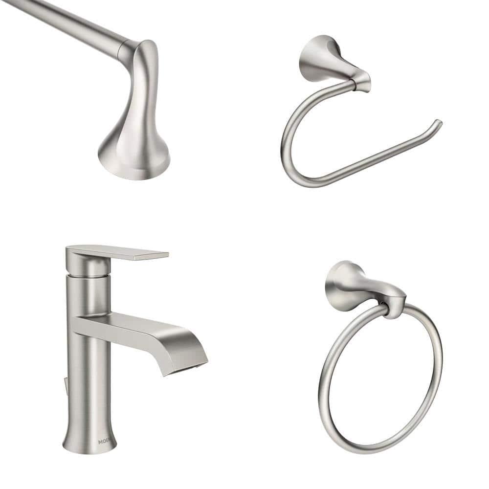 MOEN Genta SingleHandle Single Hole Bath Faucet with 3Piece Hardware Set and 18 in Towel Bar in Spot Resist Brushed Nickel