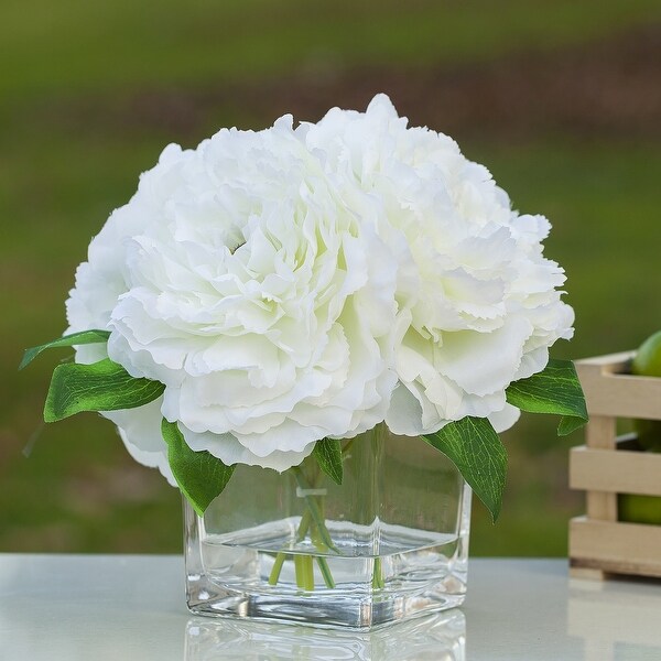 Enova Home Artificial Silk Peony Fake Flowers Arrangement in Cube Glass Vase with Faux Water for Home Wedding Decoration