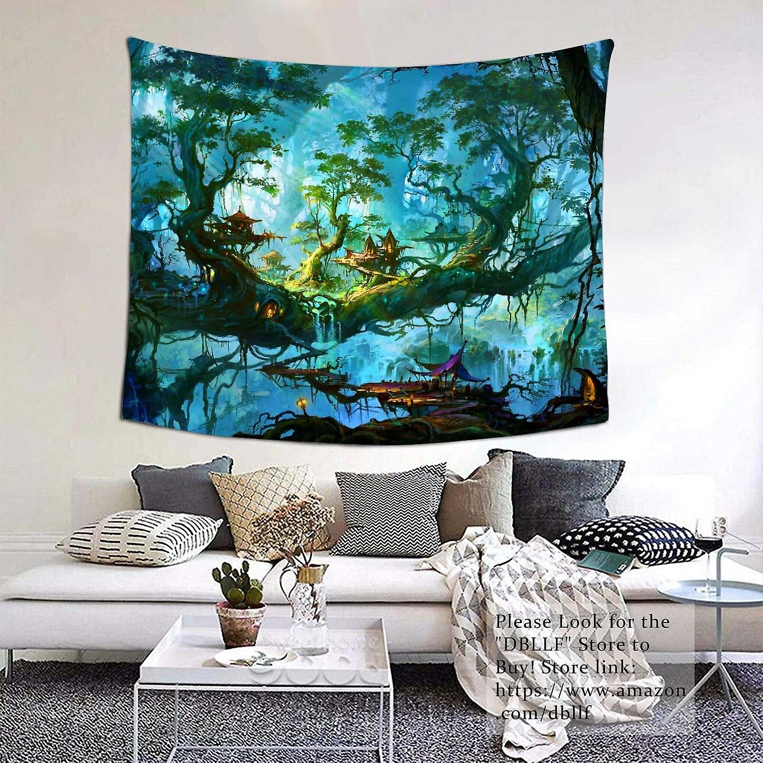 Fantasy Fairy Forest Tapestry Elven Kingdom Elf Tree House Wonderland Backdrop Tapestries Fairy Tale World Wall Tapestry Nature Magic Tree Tapestry， K