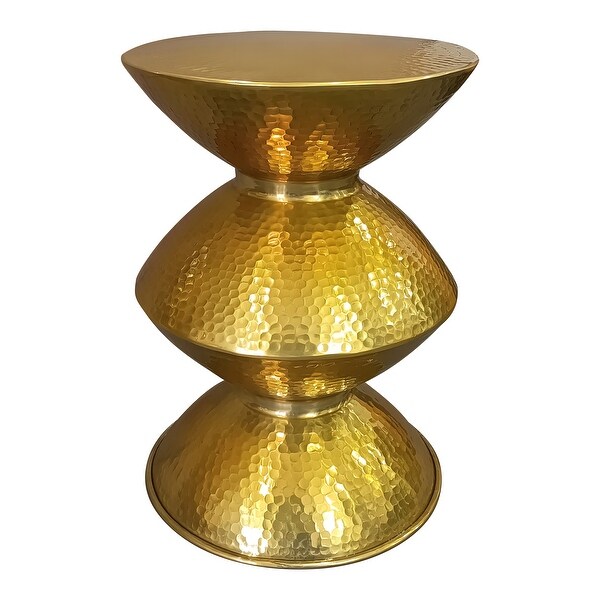 21 Inch Round Aluminum Side End Table， Hammered Embossed Metal Surface， Turned Pedestal Base， Gold Brass Finish