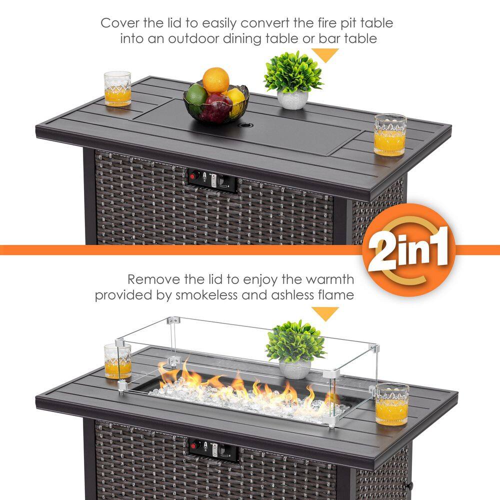 Nuu Garden Brown 43 in. 50000 BTU Rectangular Aluminum Propane Outdoor Fire Pit Table with Glass Wind Guard Lid Fire Glass Beads AF115C-G