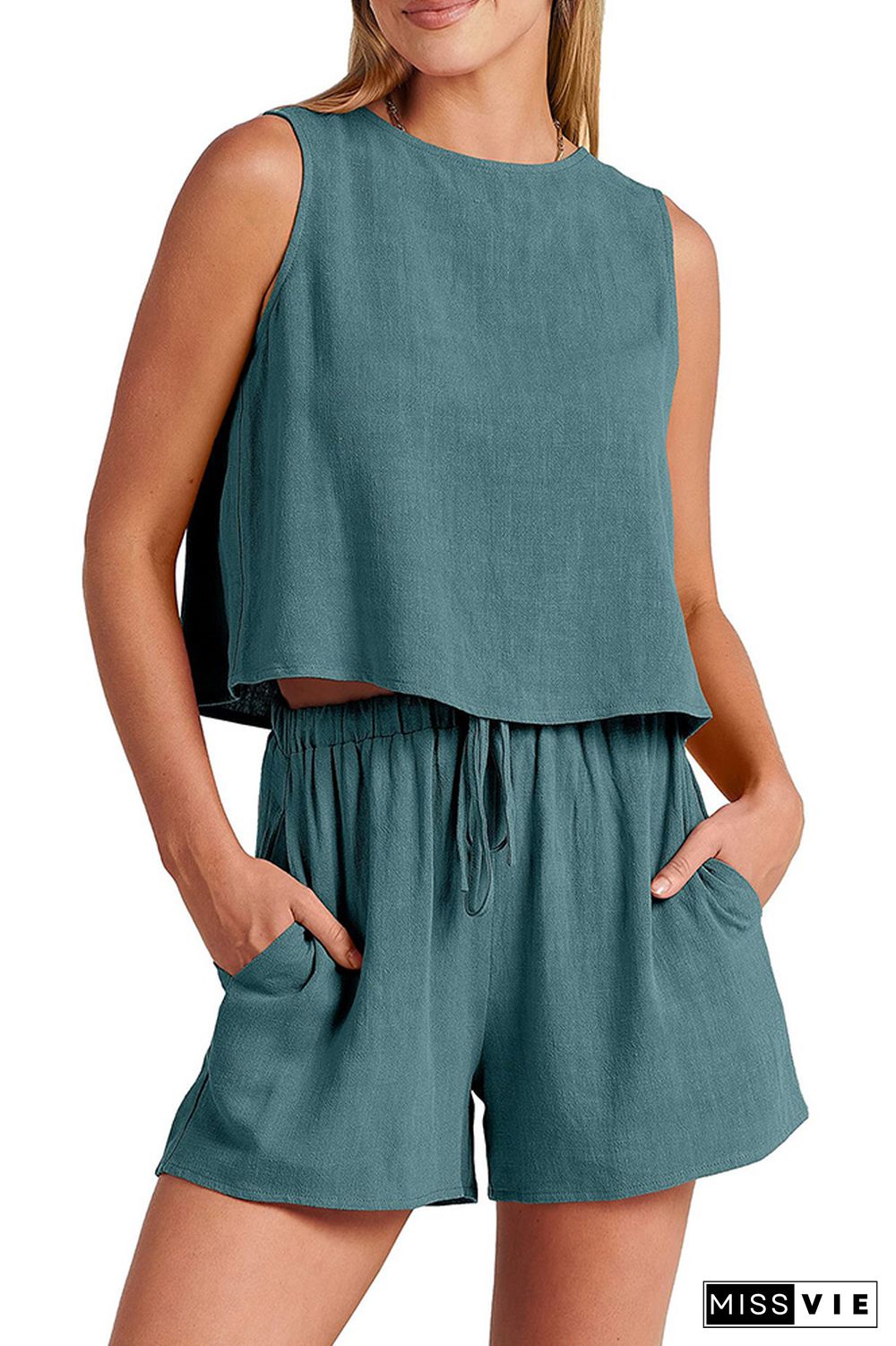 Plain Sleeveless Back Buttoned Tank Top With Elastic Waist Shorts Lounge Set