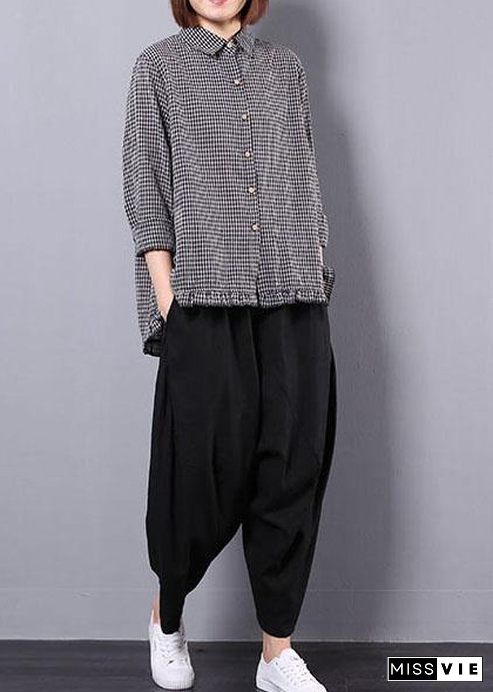 black plaid long sleeve cotton linen blouse with women black pants two pieces