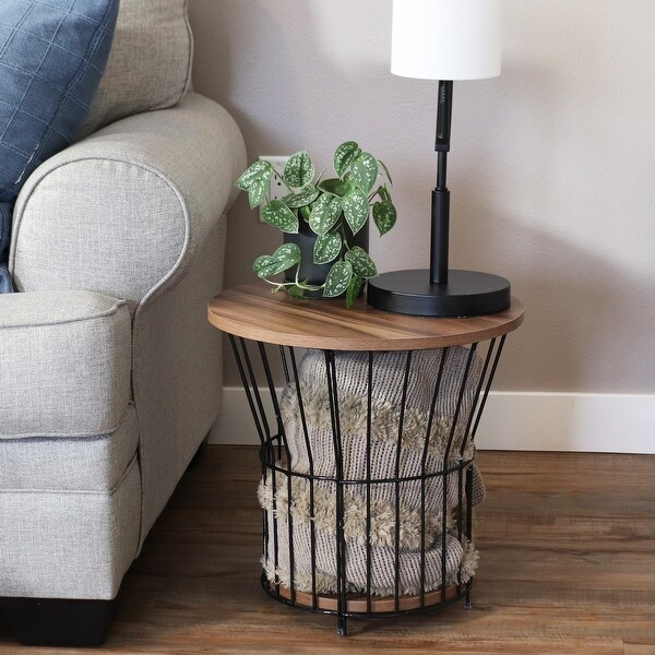 Wire Pedestal Modern End Table with MDF Pull-Open Tabletop