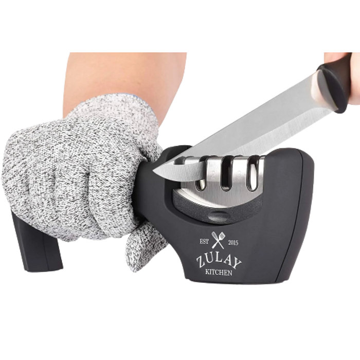 Zulay Kitchen 3 Stage Knife Sharpener and 1 Piece Cut-Resistant Glove