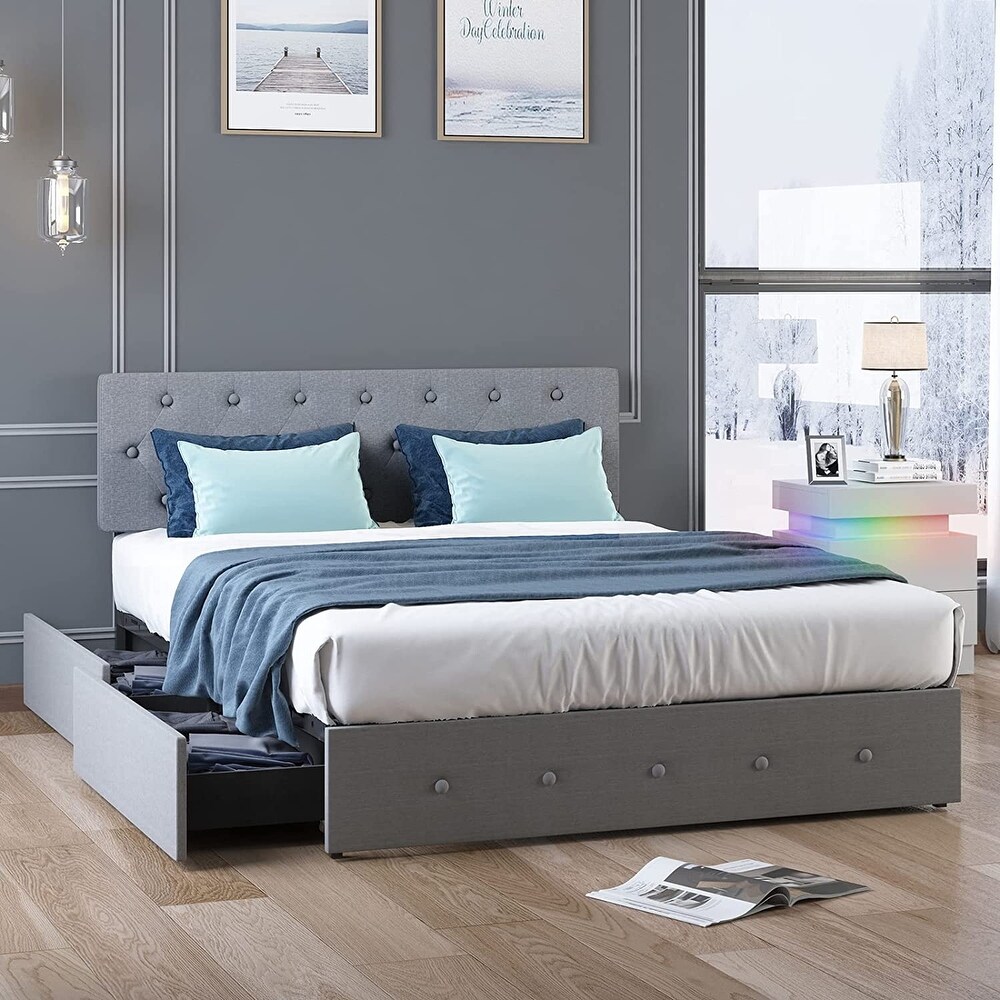 Mixoy Upholstered Platform Bed Frame with 4 Built in Storage Drawers   Adjustable Headboard