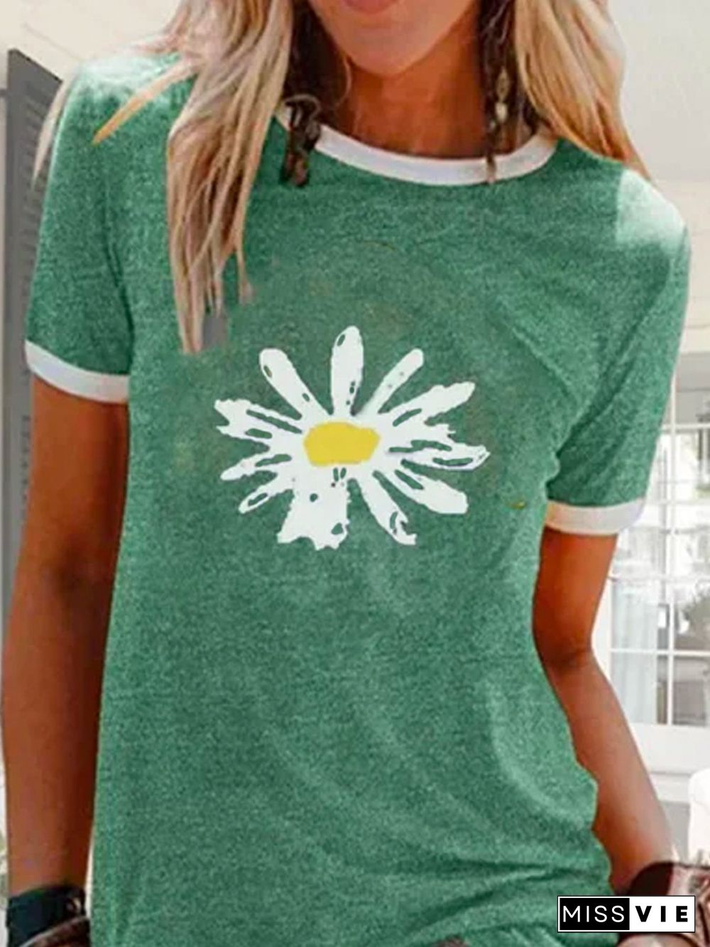 Women Floral Print Short Sleeve Round Neck T-Shirts Tops