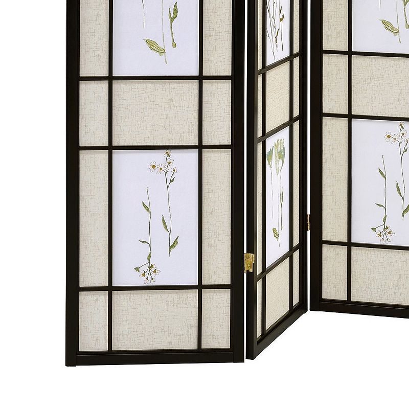 4 Panel Screen with Floral Print Detailing and Wooden Frame， Black