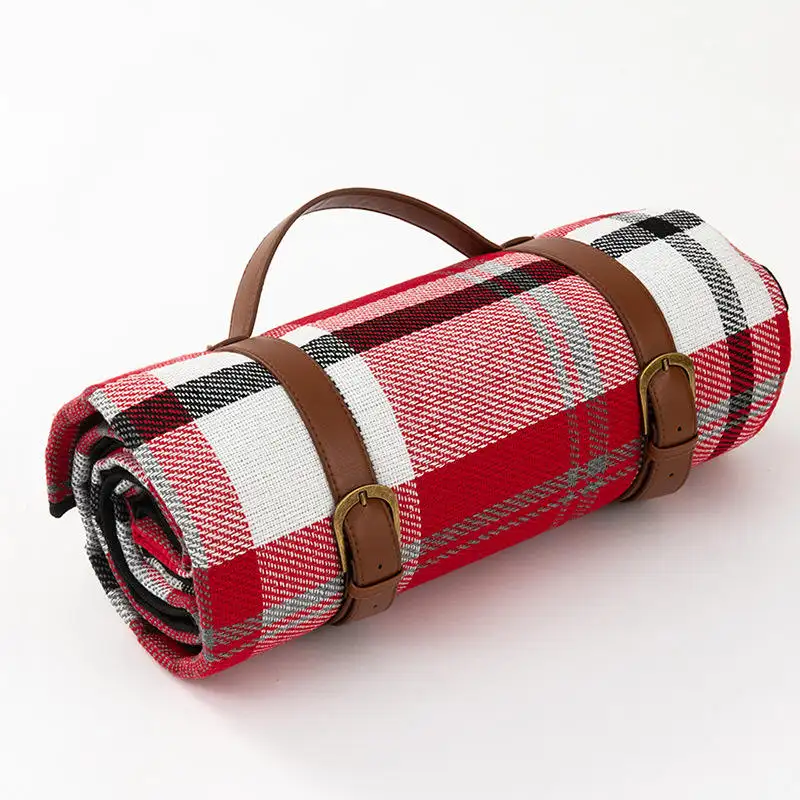 Foldable Waterproof Picnic Blanket Mat with Leather Strap Woven Plaid Outdoor Picnic Rug