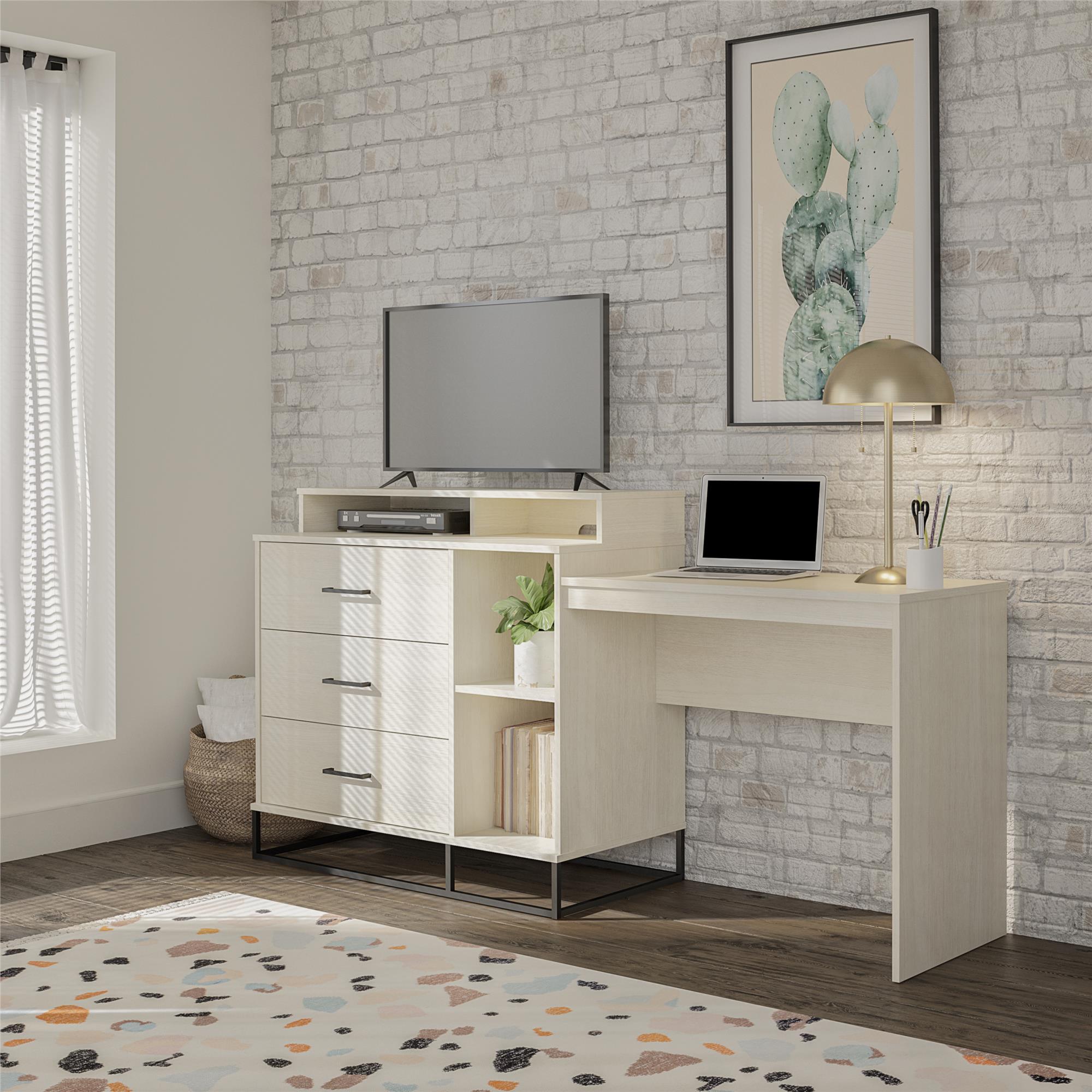 Novogratz Kelly 3 in 1 Media Dresser and Desk Combo, Ivory Oak