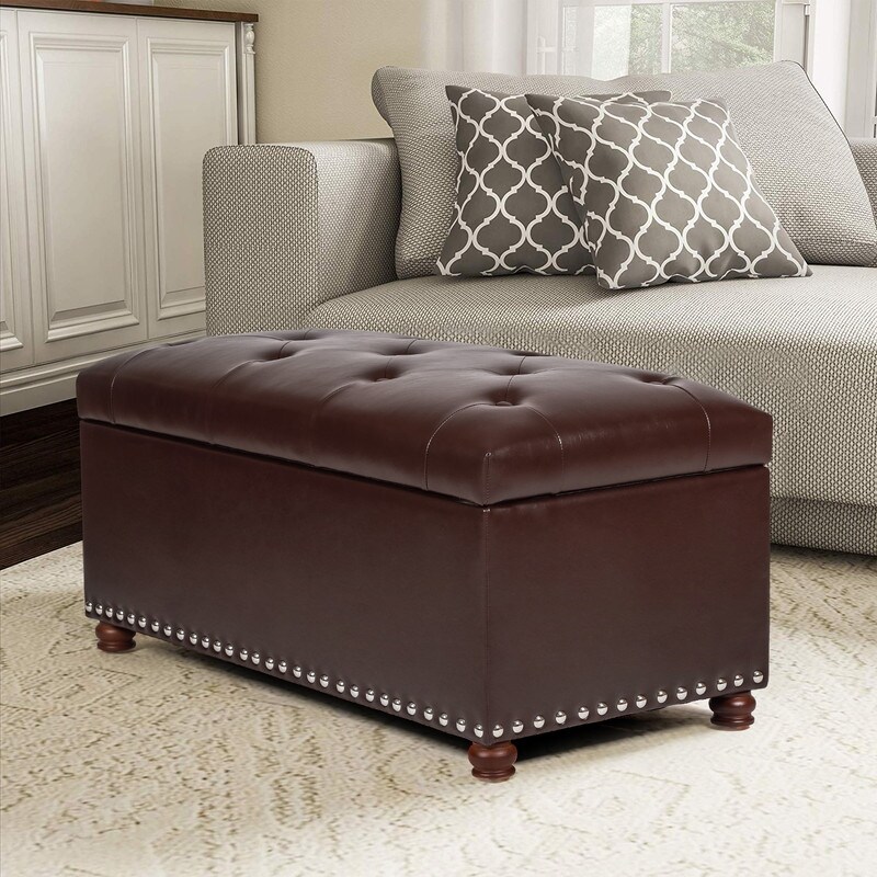 Adeco Rectangular Storage Ottoman Tufted Faux Leather Bench Lifted Top