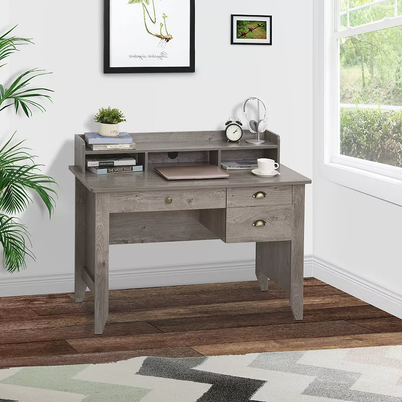 HOMCOM Computer Table Writing Desk with Hutch 3 Drawers Open Cabinets Top Shelf Wide Tabletop Cable Management Grey