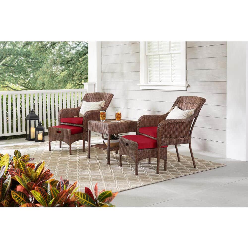 Hampton Bay Cambridge 5Piece Brown Wicker Outdoor Patio Conversation Seating Set with CushionGuard Chili Red Cushions