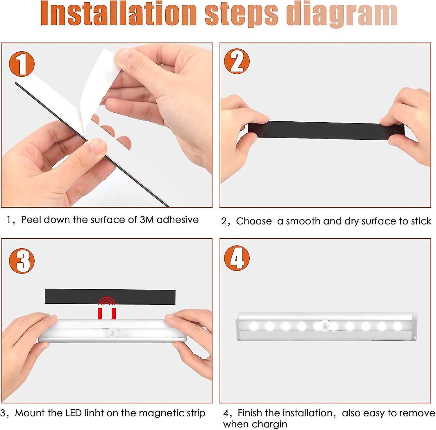 2pcs Led Closet Lights Motion Sensor With Magnetic Strip， 10 Led Night Lights Battery Operated Closet Lights， Cabinet Lights， Wireless Lights For Kitc