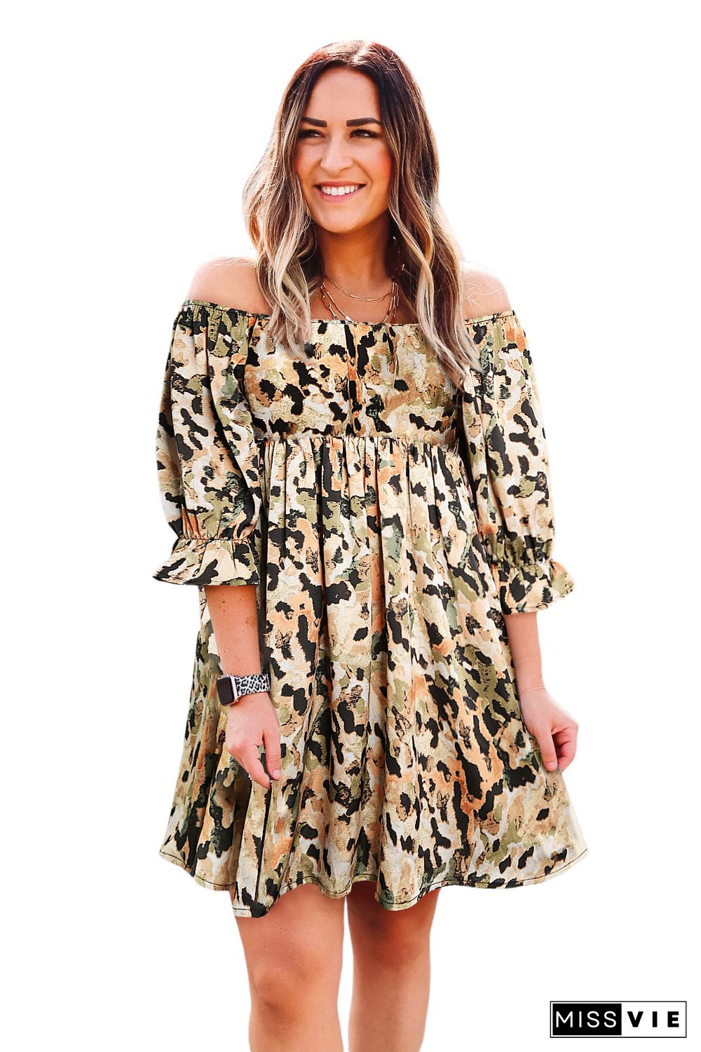 Multicolor Abstract Print Shirred Half Sleeve Square Neck Mini Dress