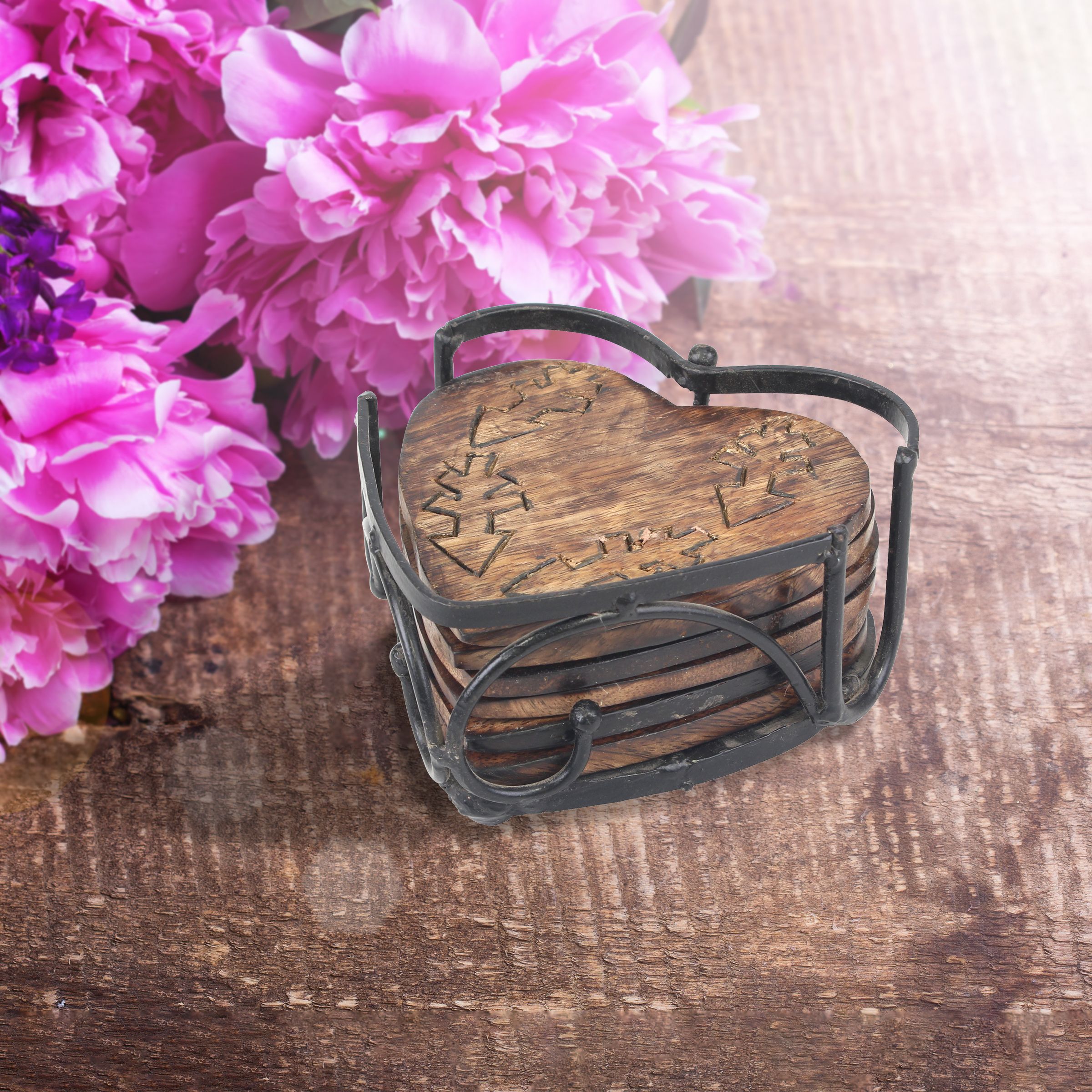 Stonebriar Wooden Heart-Shaped Decorative Coasters Set of 6