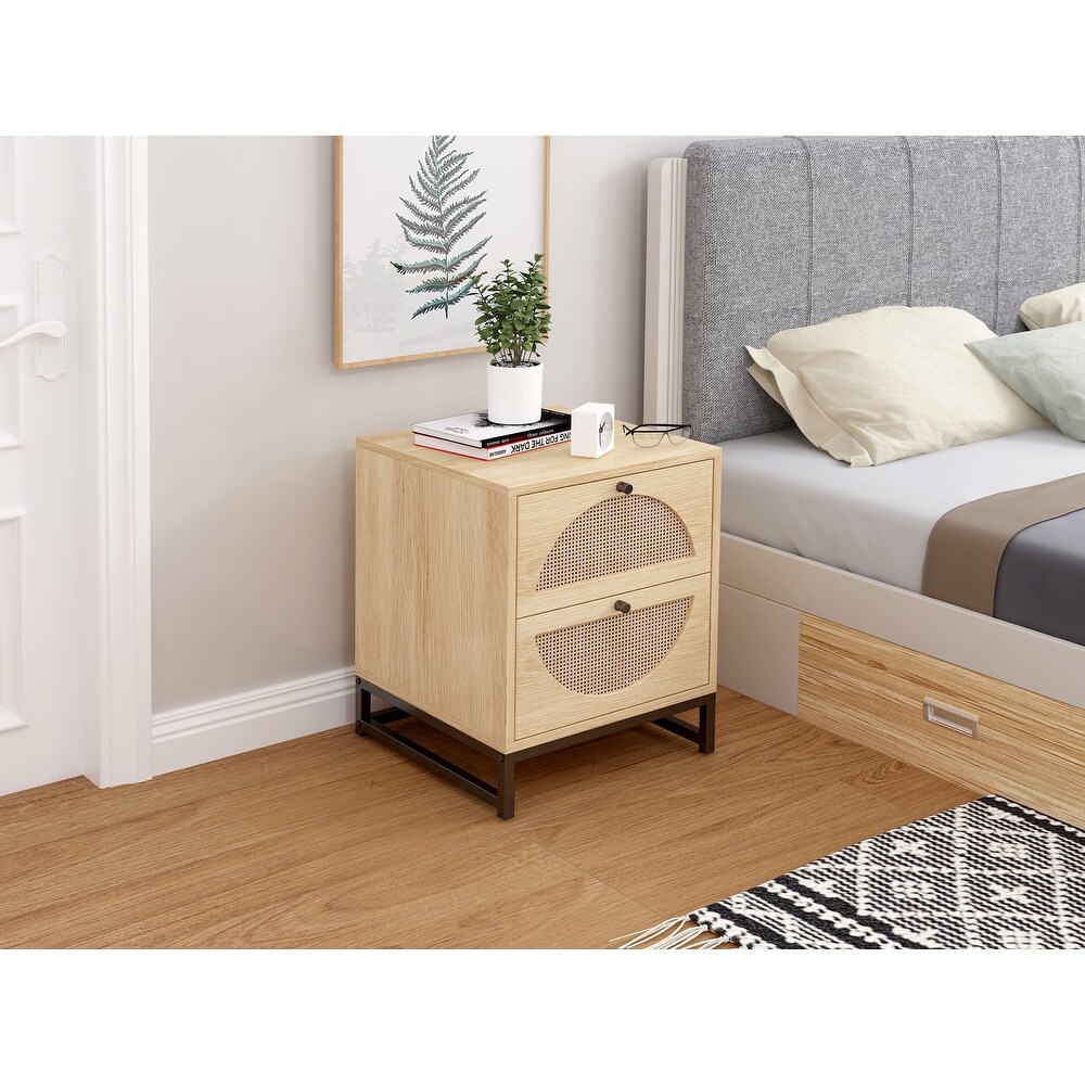 Natural Rattan Bark 2 drawer Nightstand  Semicircular Pattern Embedded  Upper and Lower Drawers  Protruding Round Handles