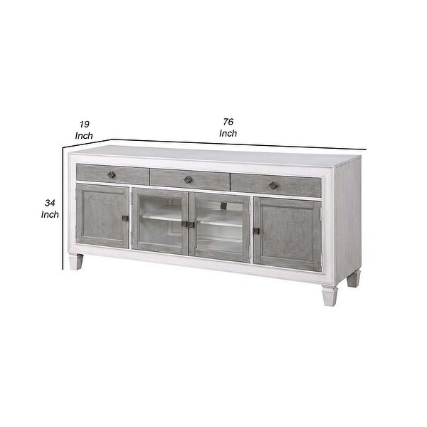 76 Inch TV Media Entertainment Console， 3 Drawers and 4 Doors， Gray， White