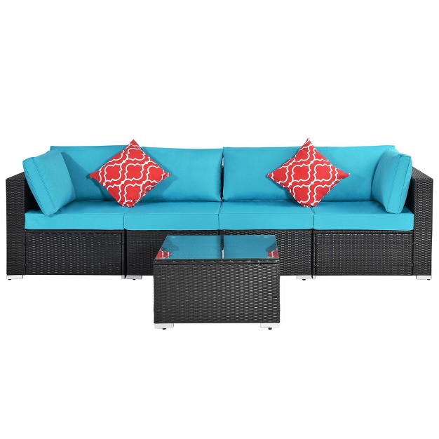 5pc Wicker Patio Sectional Seating Set With Cushions Espresso blue Godeer