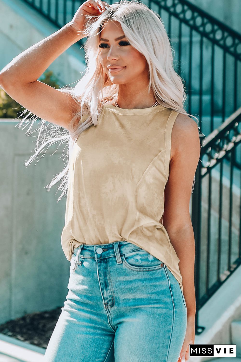 Khaki Tie Dye Print Seamed Crew Neck Tank Top