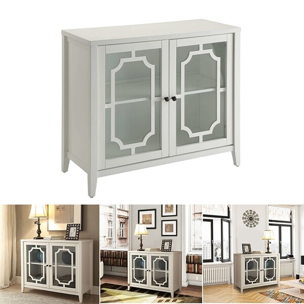 White Wood Console Table Storage Cabinet With 2 Glass Door and Shelf