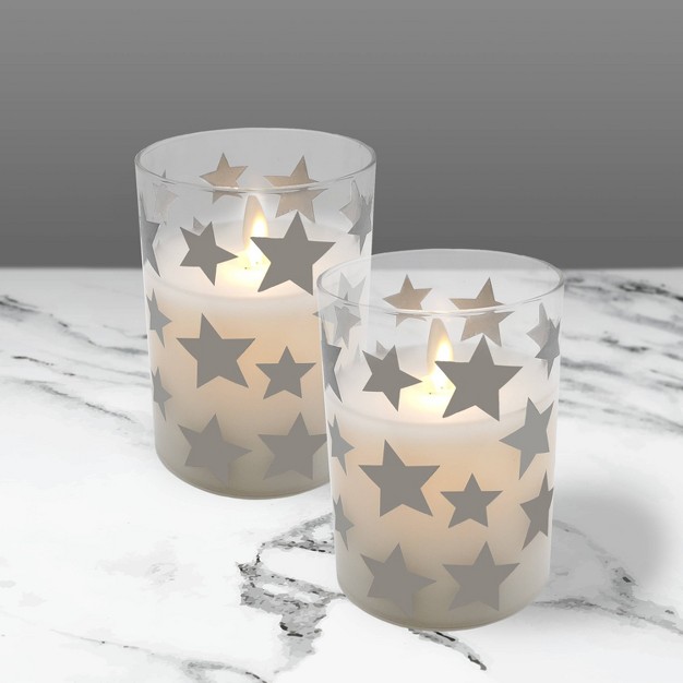 2ct Battery Operated Glass Led Candles With Moving Flame Silver Stars