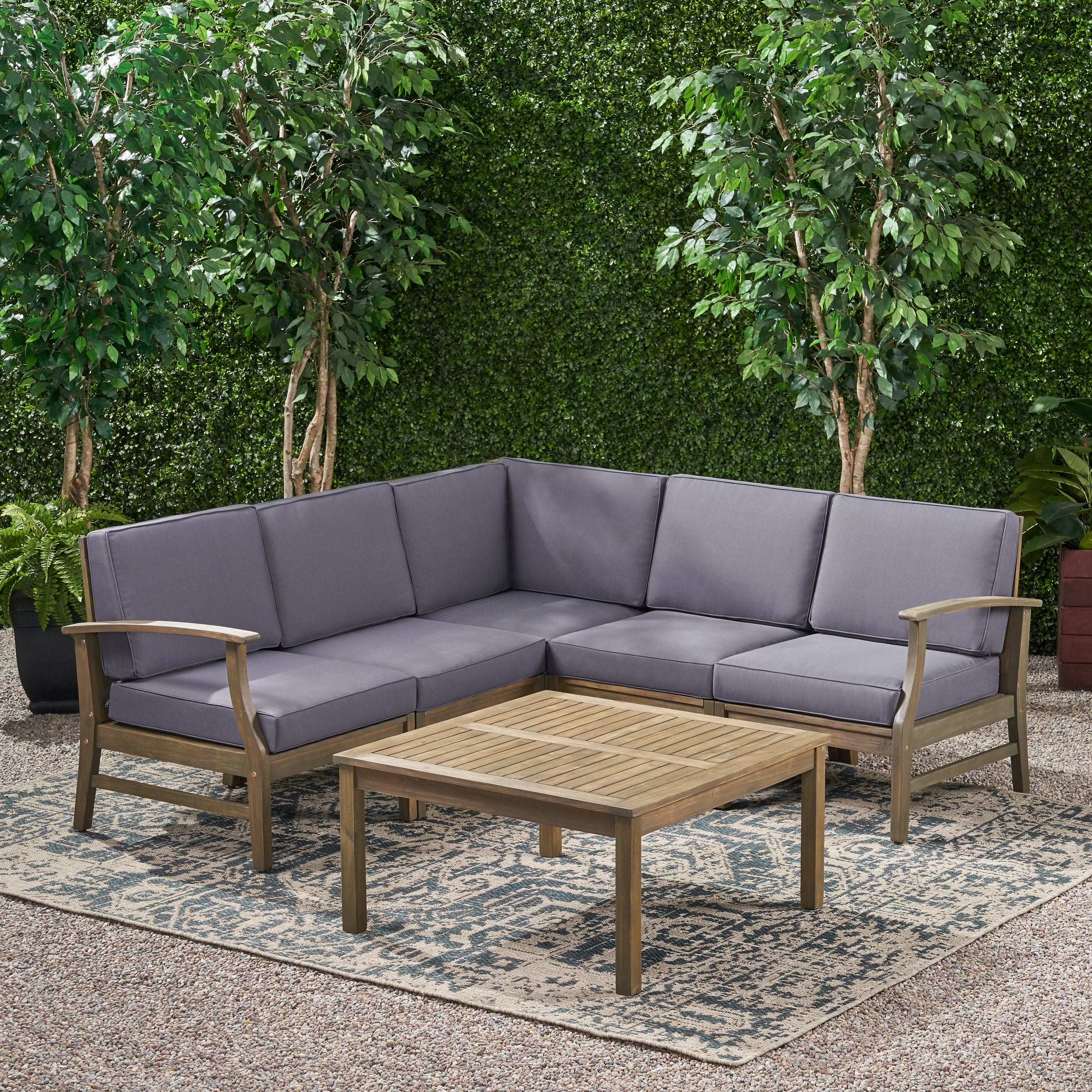 Martina Outdoor 6 Piece Acacia Wood Sectional Sofa and Coffee Table Set