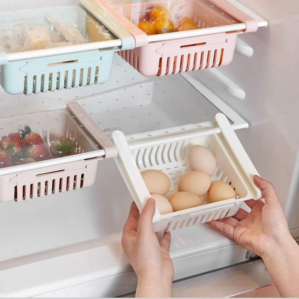 Fridge Drawer Organizer 4 Pcs Retractable Drawer Refrigerator Storage Box，unique Design Pull Out Bins， Fridge Shelf Holder  Small Size (pink)