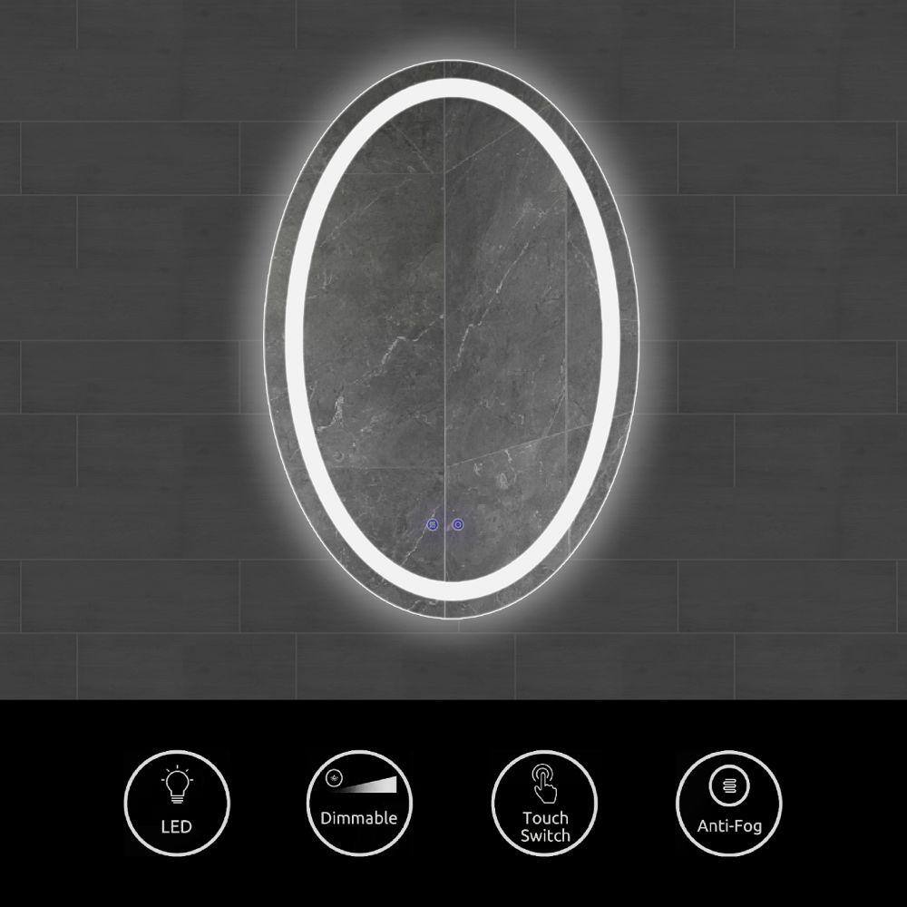 The Urban Port 24 x 36 in. Silver Metal Touch Button Defogger Frosted Edge Oval Frameless LED Illuminated Bathroom Mirror UPT-266402