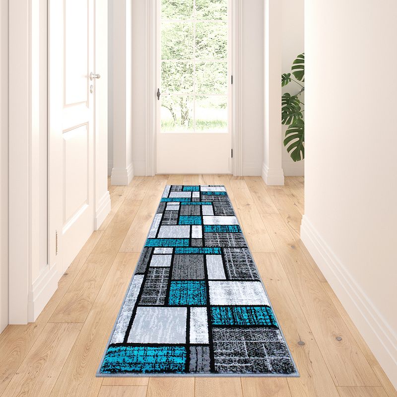 Masada Rugs Masada Rugs Stephanie Collection Design 1110 2'x7' Modern Contemporary Area Rug in Turquoise， Gray， Black and White