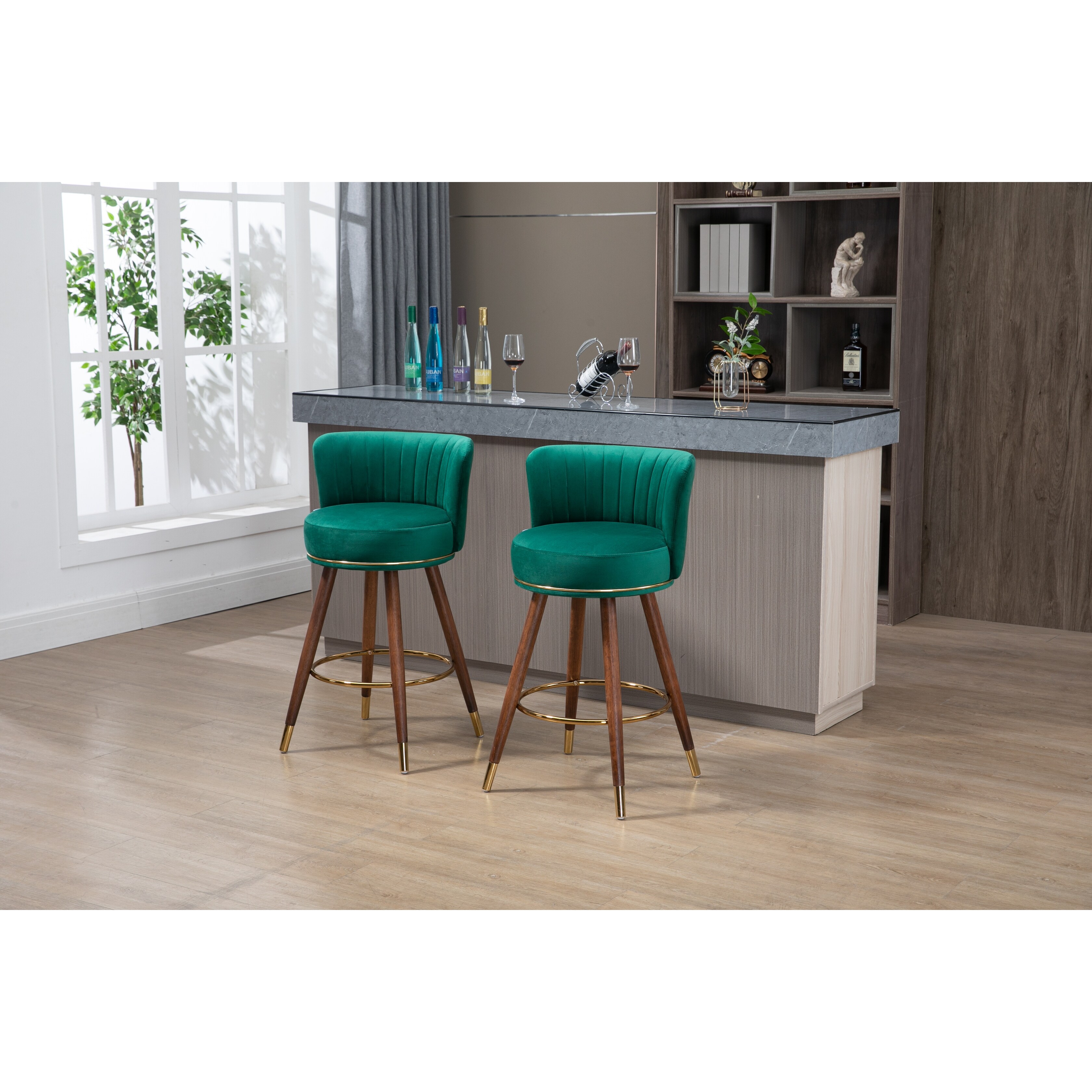 Retro Counter Height Bar Stools Set of 2， 360-degree Footrest， Ergonomic Backrest and Footstool， Easy to Assemble