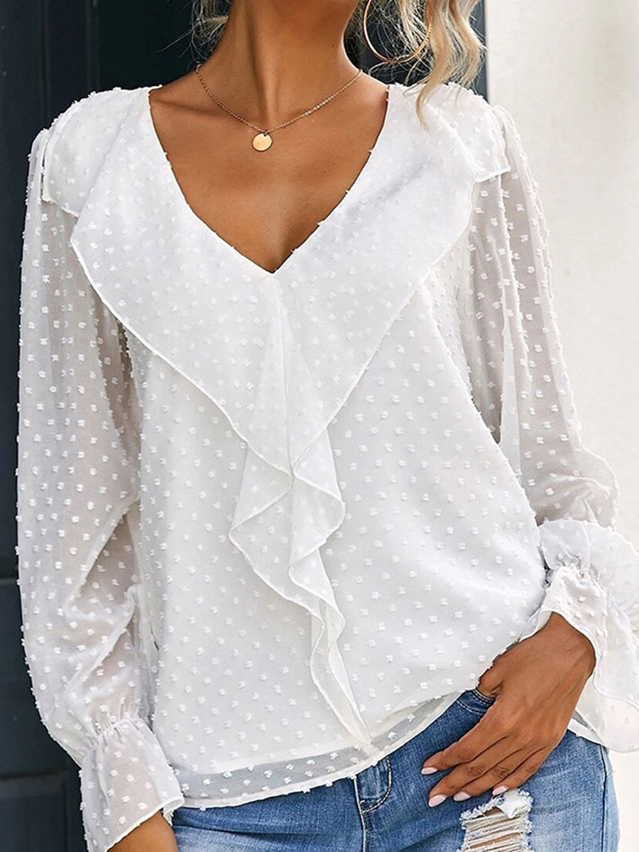 V-neck Casual Loose Jacquard Long-sleeved Blouse