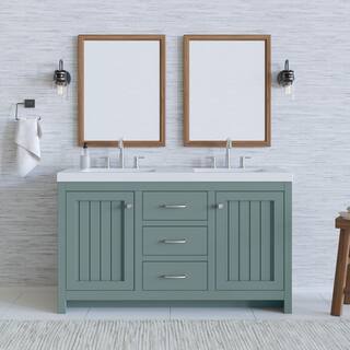 Home Decorators Collection Glint 60.5 in. W x 18.75 in. D Bath Vanity in Sage with White Cultured Marble Top in White with 2 Integrated Sinks B60X20096