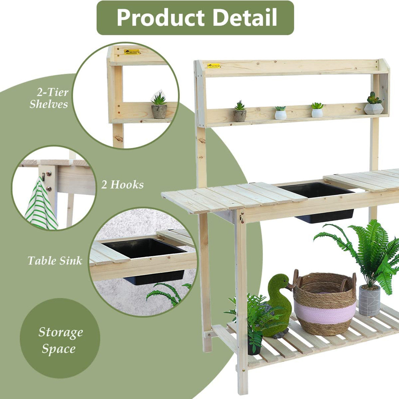 EURO SAKURA Garden Wooden Potting Bench Work Station With Two-Tier Open Shelf Beige, Wood