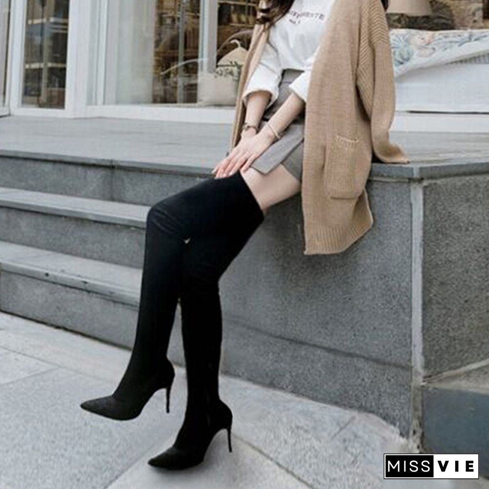 Women Winter Warm Long Boots Faux Suede Slim Thigh High Heels Fashion Over The Knee Boots