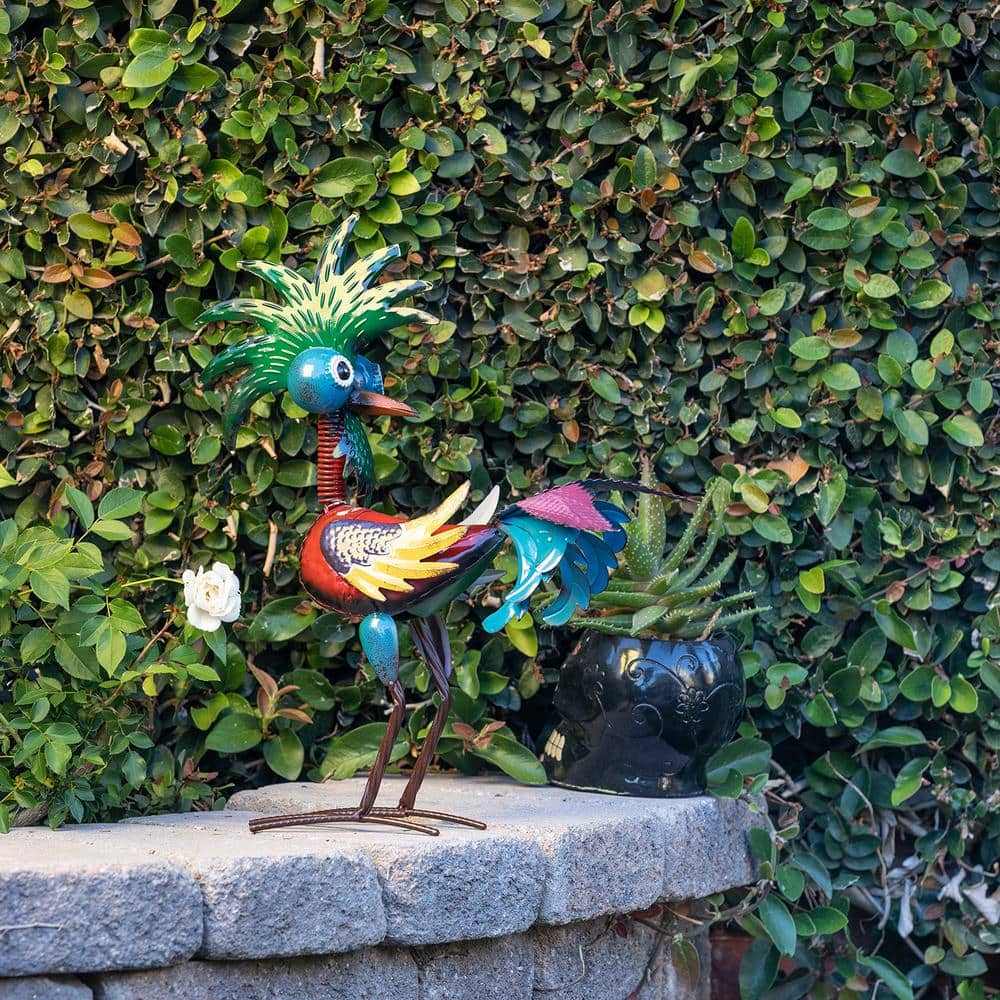 Alpine Corporation 19 in. Tall Indoor/Outdoor Wild Tropical Metal Rooster Yard Statue Decoration, Multicolor MZP390