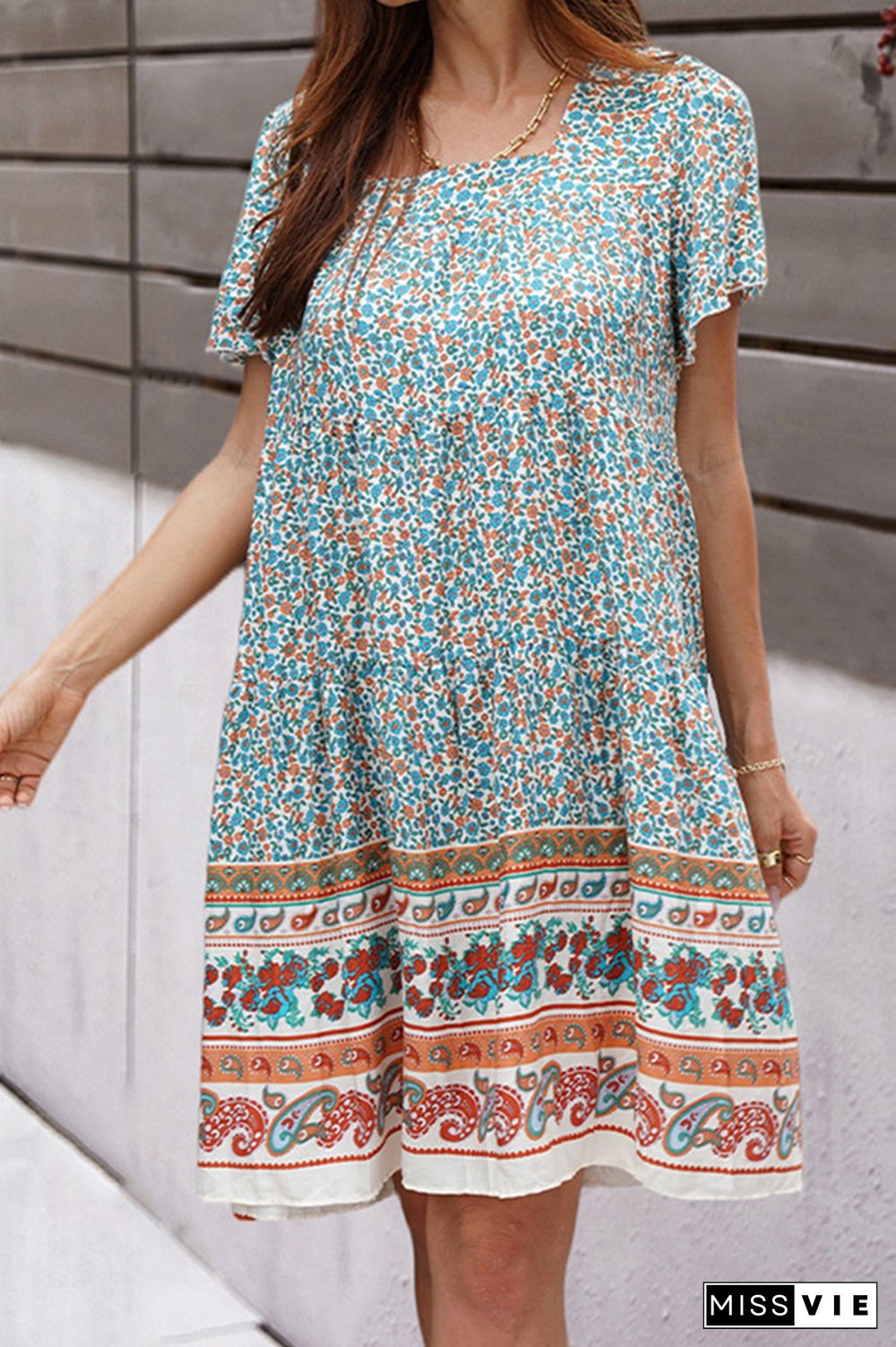 Vintage Print Square Collar Short Sleeve Midi Dress Wholesale