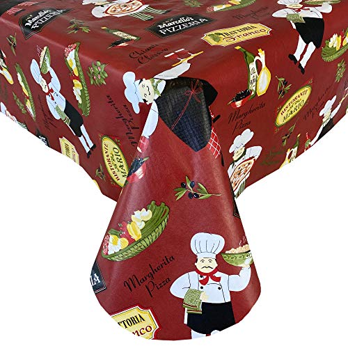 Newbridge Italian Red Bistro Chef Vinyl Flannel Backed Tablecloth， Novelty Chef Indoor/Outdoor Waterproof Tablecloth， Picnic， Barbeque， Patio and Kitchen Dining， 60 Inch x 84 Inch Oval