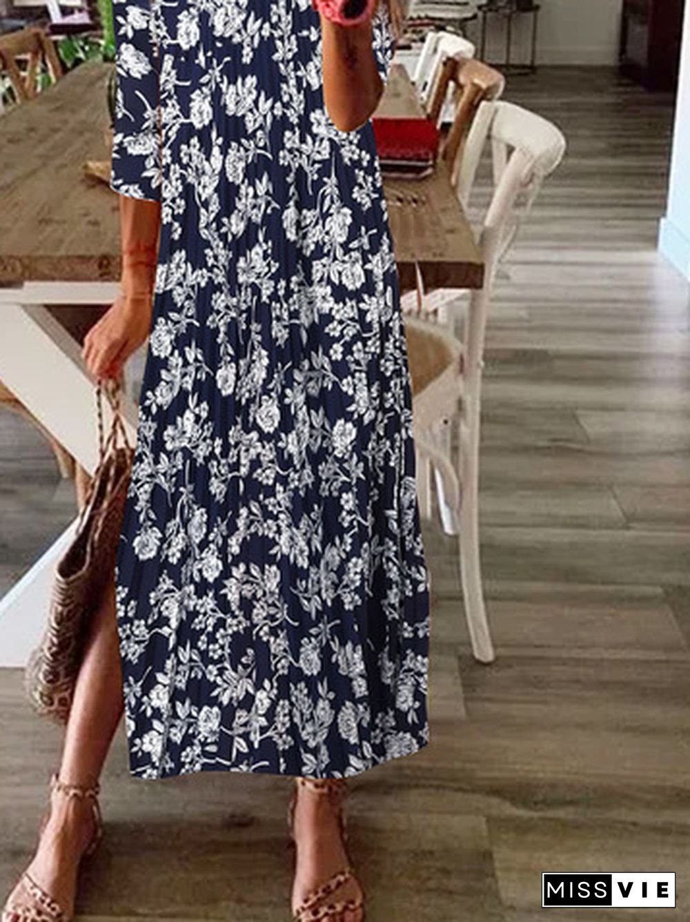 Floral Printed Loose Casual Crew Neck Dresses