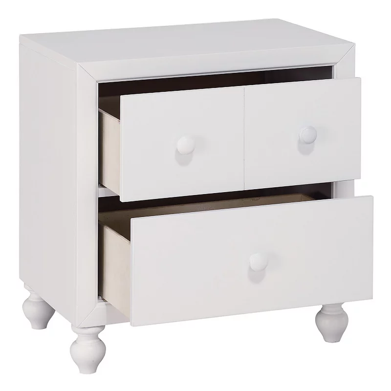 2 Drawer Wooden Nightstand with Turned Legs， White