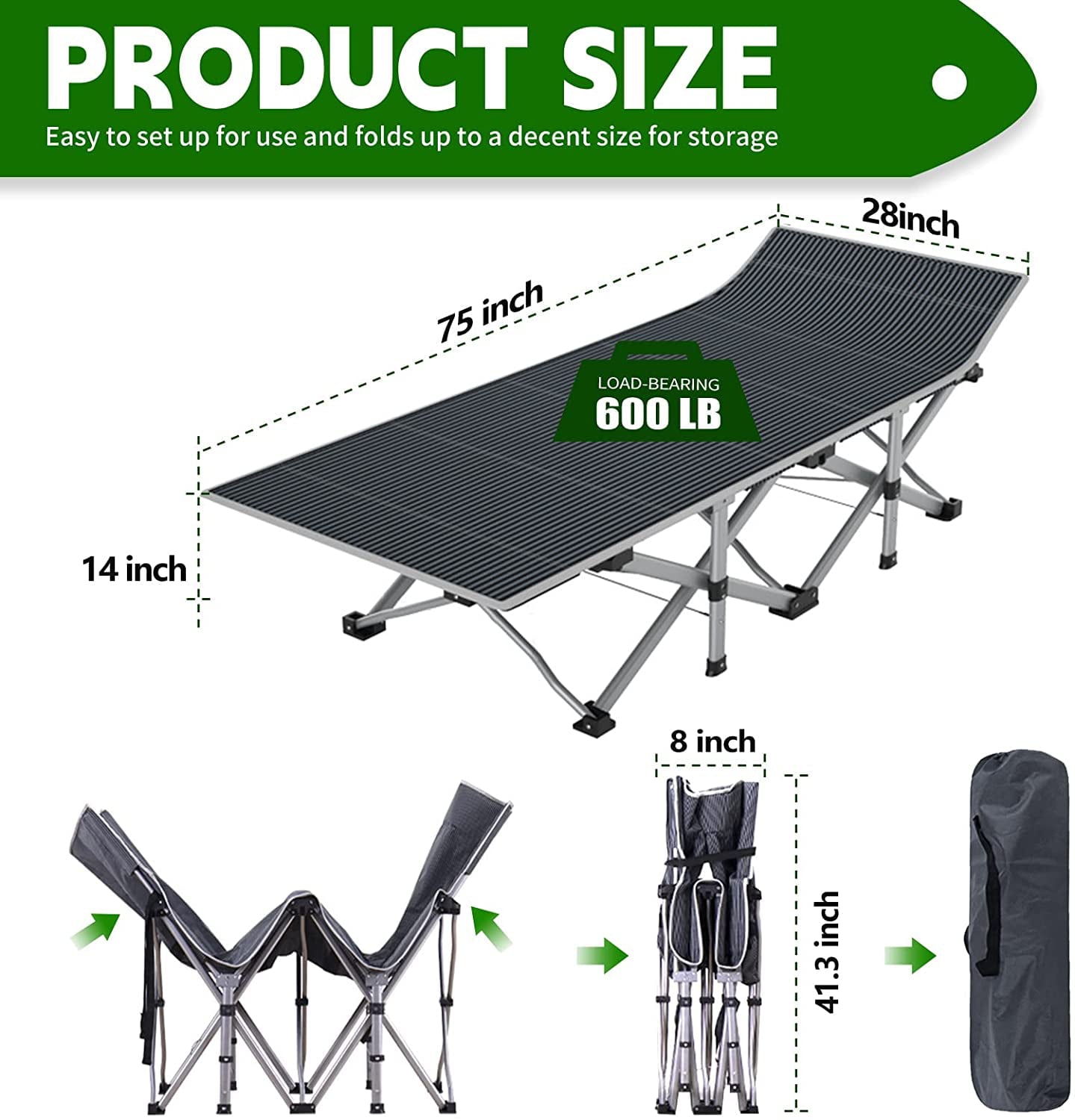 Slsy Camping Cot with 2 Sided Pad, Cots for Sleeping, Tent Bed Folding Cot 800LBS Comfortable Heavy Duty Adult & Kids Travel Cot with Carry Bag