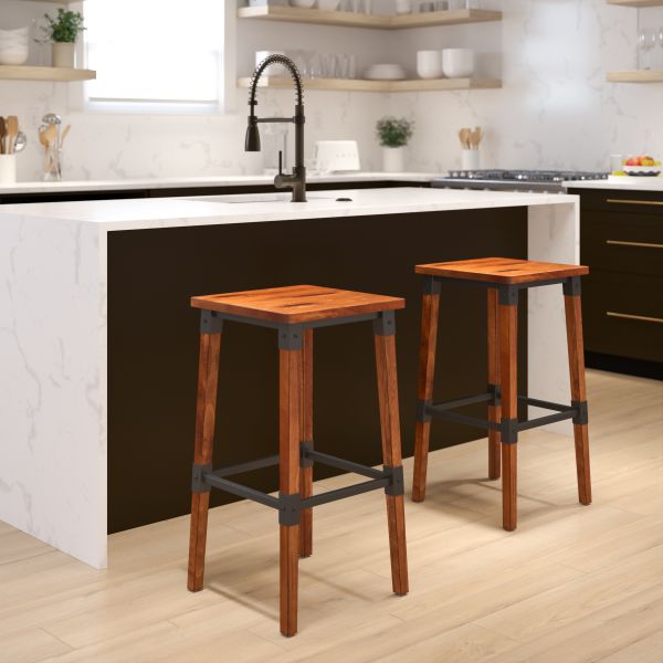 Jackson 2 Pack Rustic Antique Walnut Industrial Wood Dining Backless Barstool