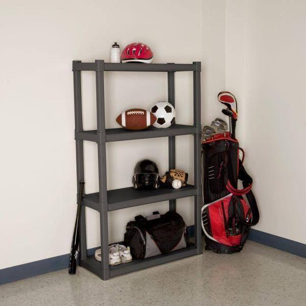 Sterilite Black 4-Tier Plastic Garage Storage Shelving Unit (14 in. W x 57 in. H x 35 in. D) 3 x 01643V01