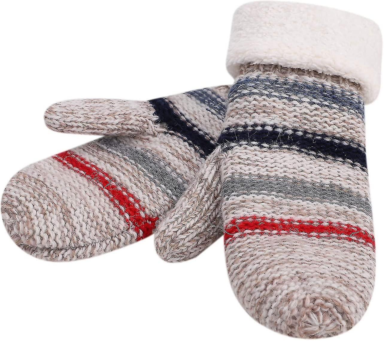 Women Winter Knitted Gloves Fleece Lined Knit Gloves Women Full Fingers Thickening Winter Warm Mittens Knit Mittens Stripe Design Knitted Mittens Ther