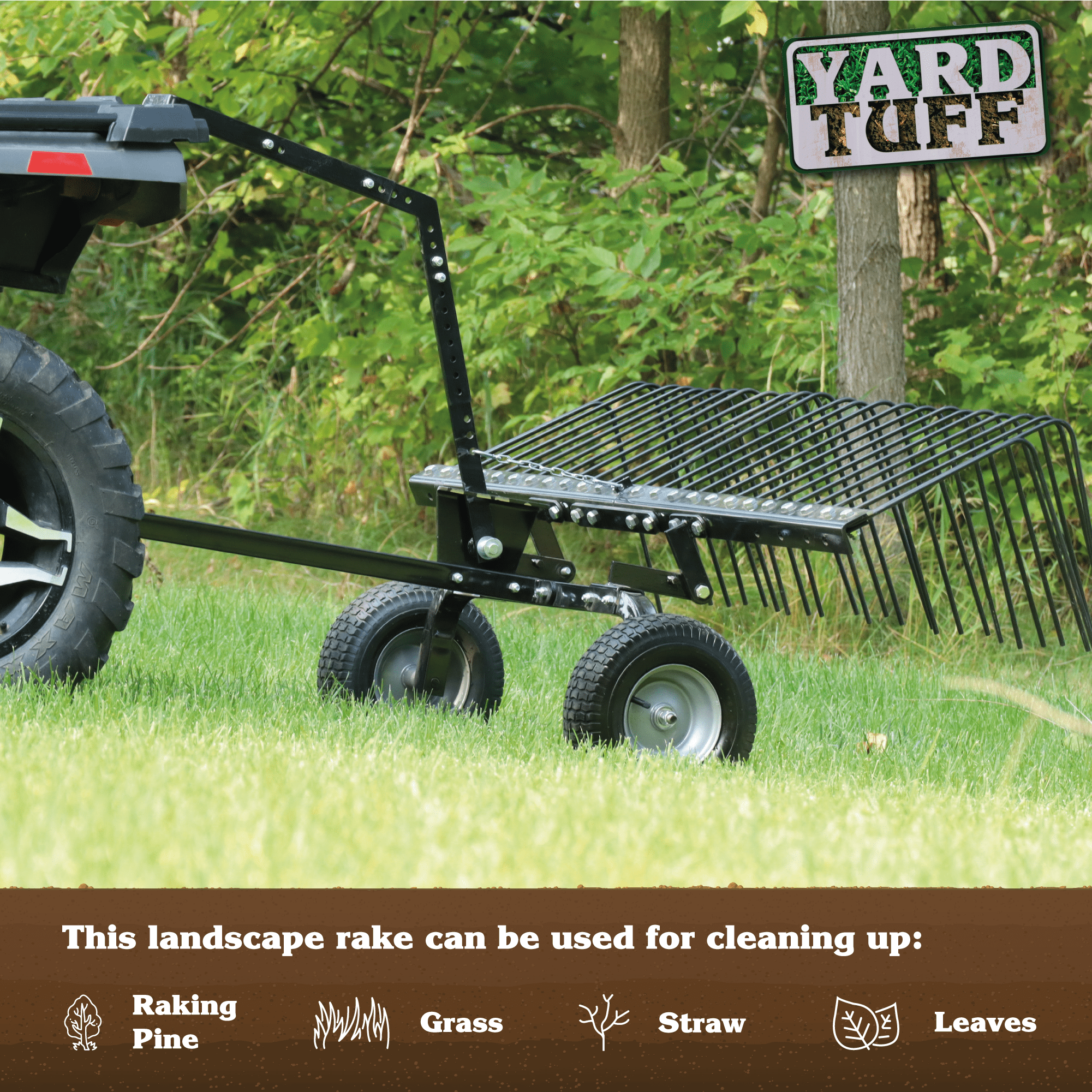 Yard Tuff 60in Pine Straw Tow Behind Steel Landscape Rake w/Wheels & Handle