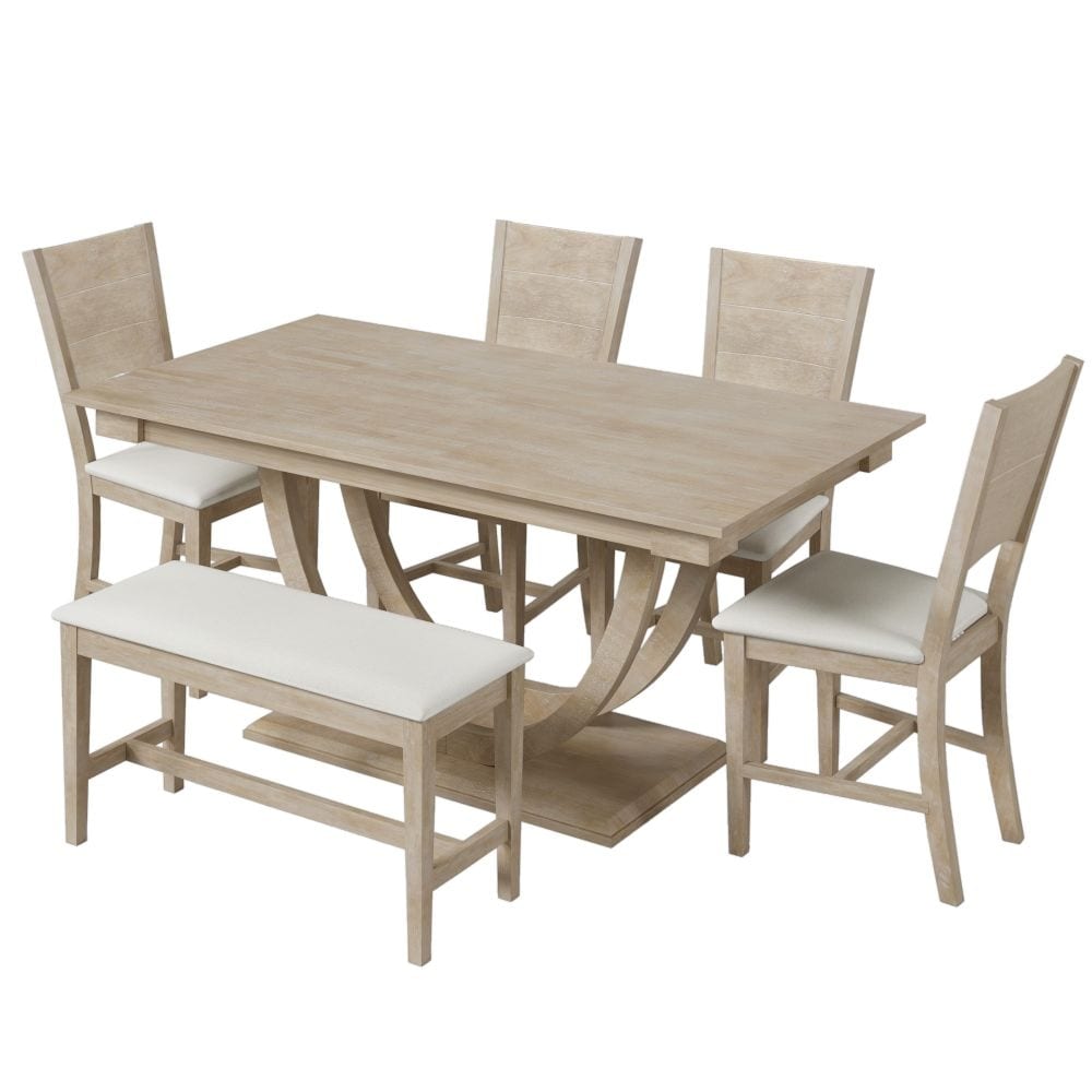 6 Piece Wood Half Round Dining Table Set Kitchen Table Set with Long Bench and 4 Dining Chairs